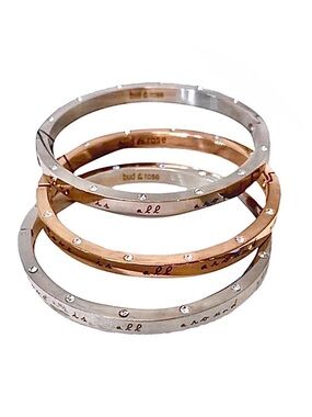 bud to rose Bangle Set 3 Stainless Steel & Rose Gold Plated Crystal NEW